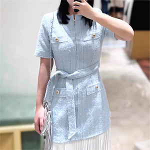 Nuovo Stile Primavera 2025 - <span class=keywords><strong>Abito</strong></span> in <span class=keywords><strong>Tweed</strong></span> Blu Cielo Fresco Stile Francese con Collo Tondo, Vita Stretta e Plissettato - Product Image 1