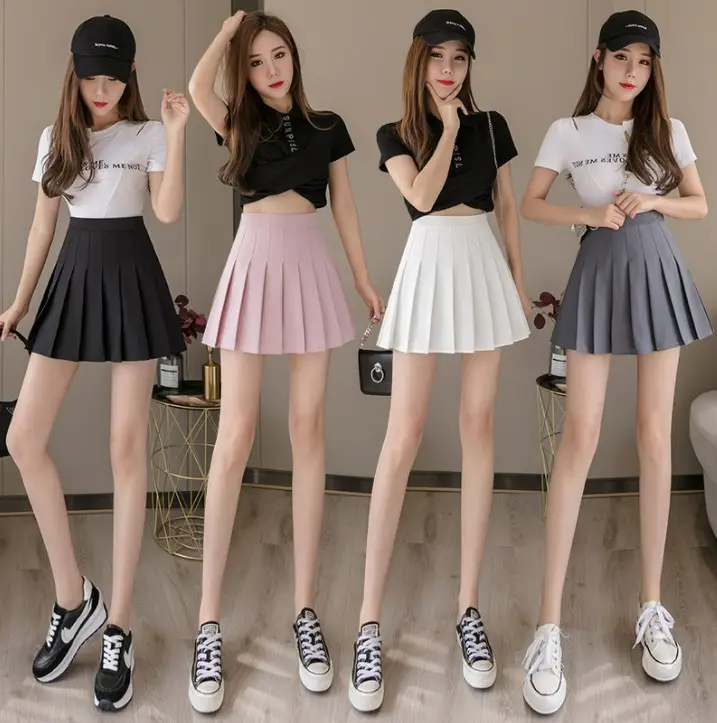 Summer Casual Solid Color High Waist Pleated Skirts Women Sexy Mini Party Skirt Black Plaid Short Sexy Kawaii Dress