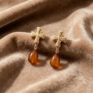 Ear enlace oem odm Gold Plated Brass Cross Teardrop Amber Dangle Earrings Custom Wholesale Vintage Jewelry For Women - Product Image 3