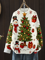 Suéter Navideño para Mujer con Estampado de Muñeco de Nieve y Árbol, Cuello Redondo, Transferencia Térmica, Personalizado para Uso Diario Informal y Festivo