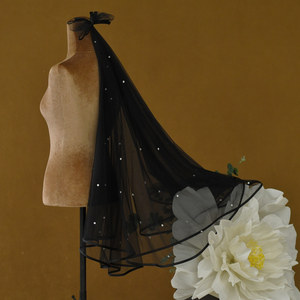 LUOXIN Retro Black Bow Trimmed Double-Layer Rhinestone Tulle Veil for Women <b>Wedding</b> Party - Product Image 4