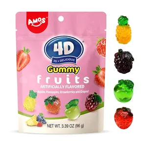 Vente en gros de bonbons gommeux colorés AMOS 4D 3D Fabricant de bonbons gélifiés en forme de fruit avec une saveur de jus de fruits de haute qualité