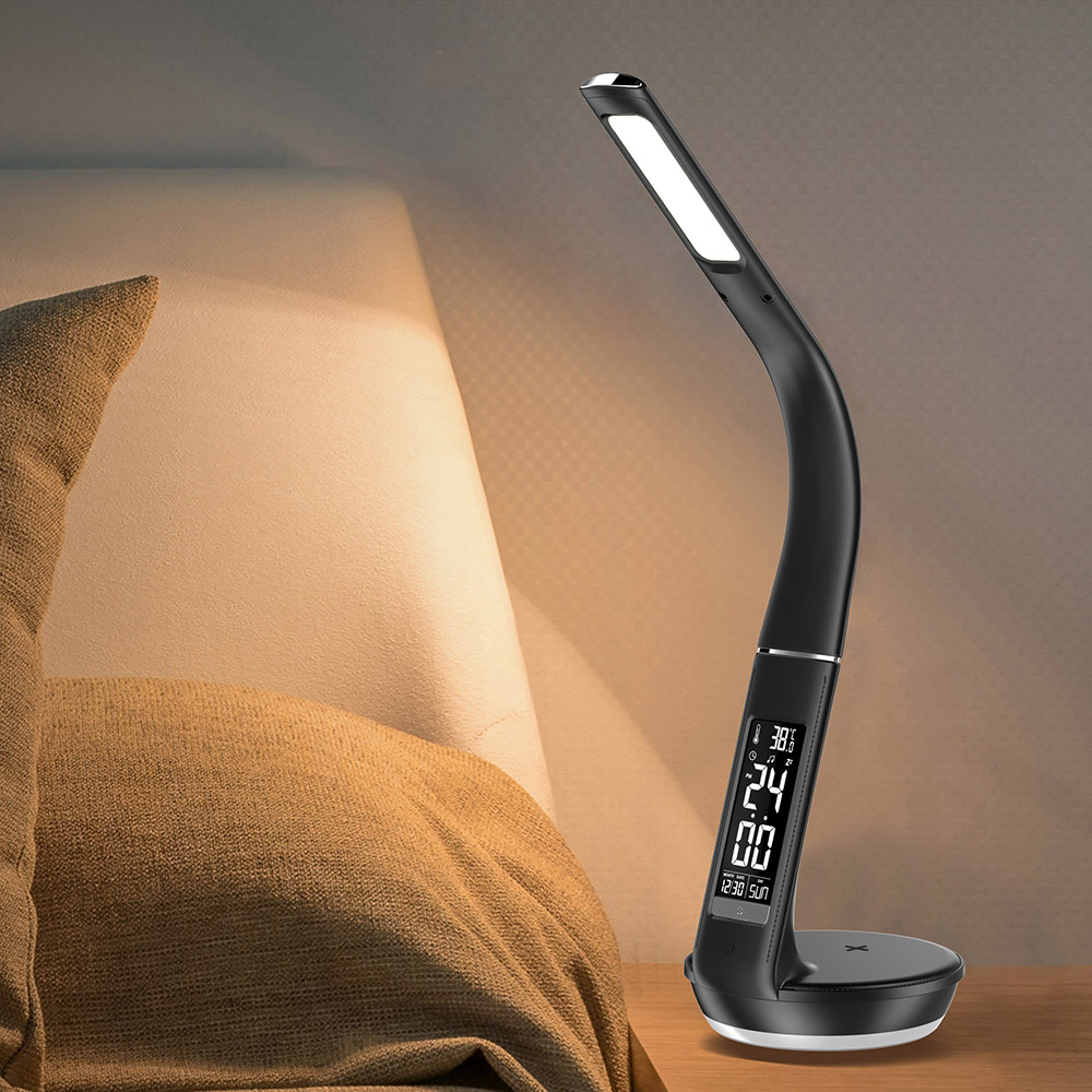 Светодиодная настольная лампа, портативная и Гибкая Настольная лампа U8Q с имитацией кожи и ЖК-дисплеем, с календарем и температурой
