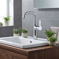 Meilleure Vente Robinet de Lavabo de Salle de Bain Monocommande à Col Long, Mitigeur Chaud, Montage sur Plateau, Monotrou, en Laiton Brossé Nickel Moderne