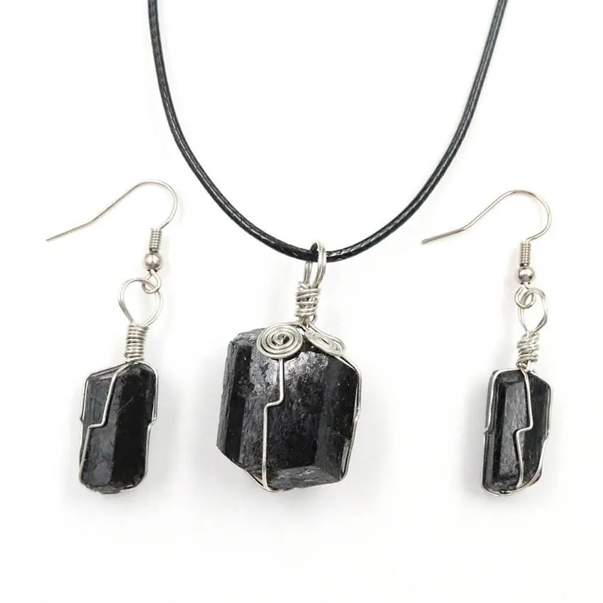 Freeform Cut Tourmaline noire naturelle en pierre de cristal brut pendentif collier boucle d'oreille ensemble de bijoux