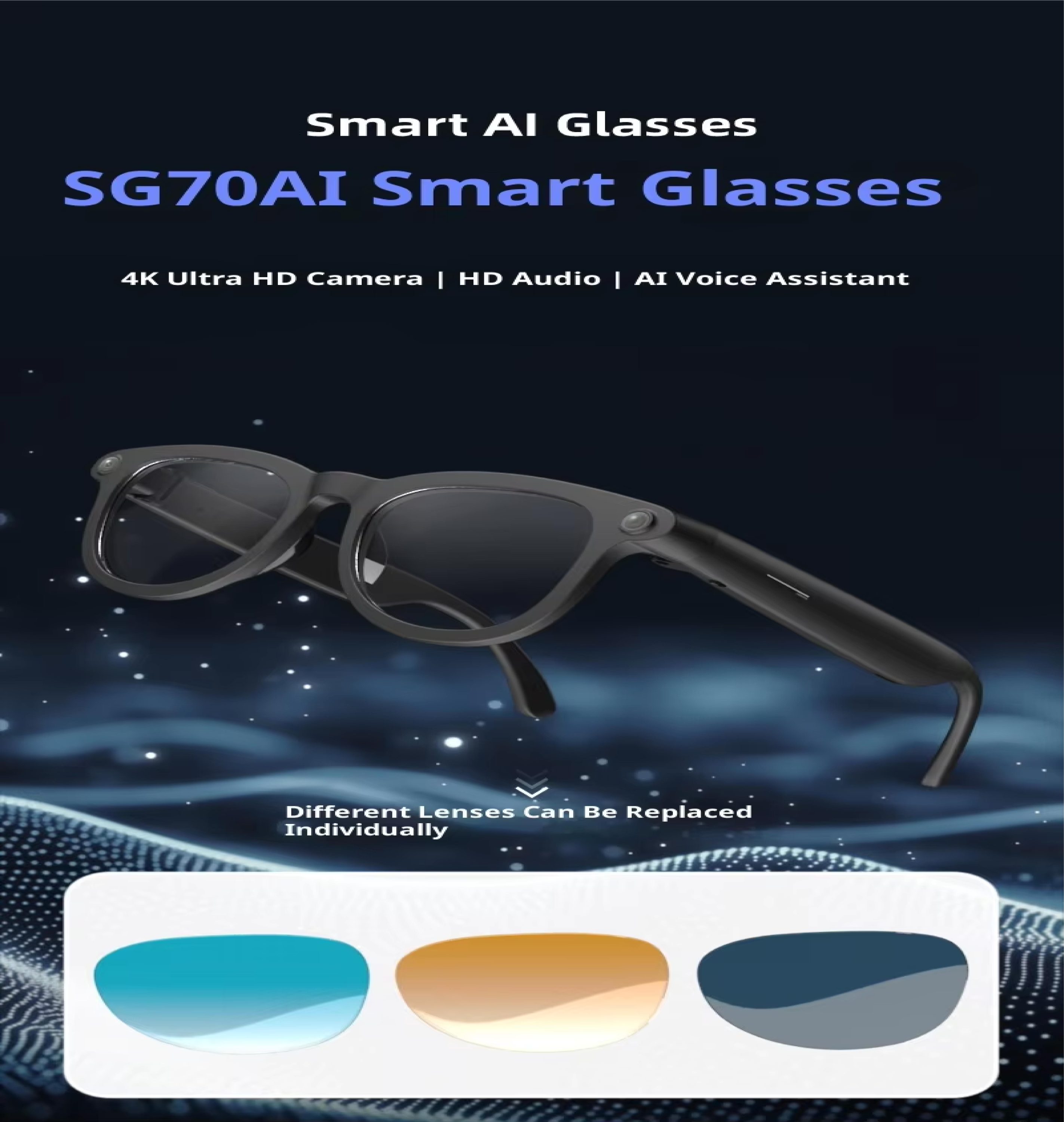 SG70 High-definition Camera Translation Glasses with Touch Control and for Call Voice Assistant Anti-blue Light