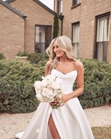 Robes de mariée Ruolai QD06098 élégantes sur mesure, coupe en A, en satin Mikado, plissées, avec fente, style Sweetheart