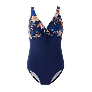 Costume da bagno intero HDJ blu navy con stampa floreale, controllo pancia, taglie forti, scollo a V profondo, con bordo a contrasto - Product Image 1