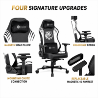 Chaise de jeu exécutive de style course automobile en cuir synthétique noir personnalisée, accoudoirs 4D, appui-tête magnétique, massage extensible, pivotante