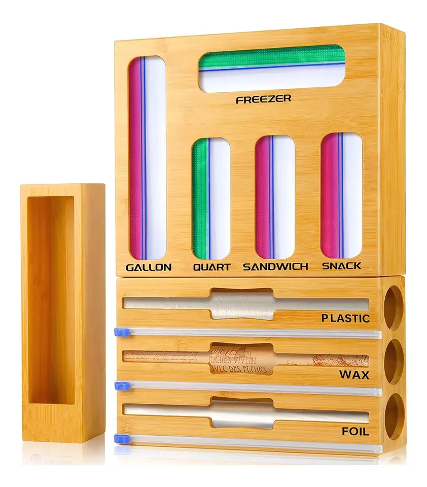 Organizador de pared 9 en 1, bolsa de almacenamiento con cierre hermético de bambú, cortador de lámina de bambú y envoltura de plástico