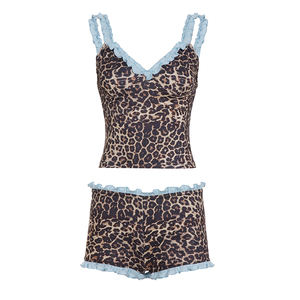 Conjunto de Shorts de Verano para Mujer, Estilo Y2K Vintage, Estampado Animal, con Volantes en Contraste de Color, Ropa de Casa, Conjunto de Pijama Informal para Mujer - Product Image 6