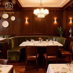 Table carrée vintage américaine en pierre frittée, chaise de café en cuir, banquette en velours avec structure en bois, mobilier de restaurant - Product Image 4