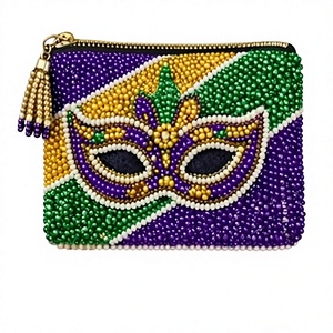 Beaded Mardi Gras Mask <b>Coin</b> <b>Purse</b> Zipper Closure Handmade Mini Unisex Vintage Style - Product Image 1