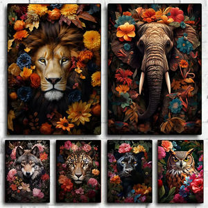 Animaux Fleurs Feuilles Lion Panthère Eléphant Loup Posters Prints Animal Picture Canvas Painting Wall Art - Product Image 4