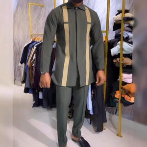 2025 nouveau costume pour hommes africains marron clair revers à manches courtes chemise et <span class=keywords><strong>tailleur</strong></span>-<span class=keywords><strong>pantalon</strong></span> 2 pièces Dashiki hommes vêtements tenue ensembles - Product Image 2