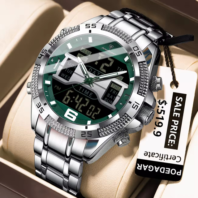 POEDAGAR E103 Men's Dual Display Sport Watch Analog Digital Quartz 3ATM Waterproof Stainless Steel Wristwatch