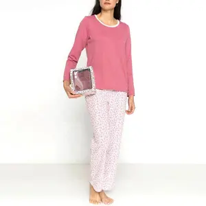 Factory custom Women's sleepwear polyester organic cotton jersey winter pajamas set Round collar Ladies homewear