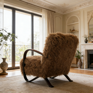 Fauteuil de salon moderne nordique en bois de hêtre, revêtement en fausse fourrure de laine d'agneau tibétaine marron, canapé paresseux pour salon - Product Image 5