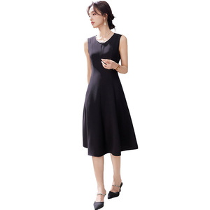 Black French Style Sleeveless Vest Dress A Line Midi Length O Neck Solid Color Simple Anti Wrinkle Daily Wear Plus Size Women's - Product Image 5