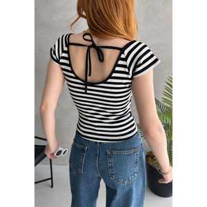 <b>Heart</b> Neck Crop Blouse Black White Knitted Backless Casual Women's <b>Top</b> Elastic Fit Everyday Wear - Product Image 1