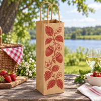 Sac cadeau en papier kraft pour bouteille de vin avec impression de vigne de fraises sur le devant et poignées torsadées - Brun naturel