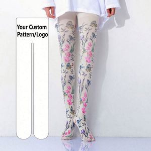 Collant a compressione 20 denier con stampa floreale dipinta a mano cinese per ragazze, ideali per sport invernali in montagna e al mare, collant di design - Product Image 1