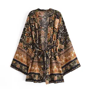 4 colorway flare sleeve short bohemian kimonos ladies summer rayon floral print boho cardigan