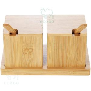 Caja de sal de madera de bambú natural Precio barato Condimento Caja de especias 2 Departamento con cuchara Juego de caja de especias - Product Image 4