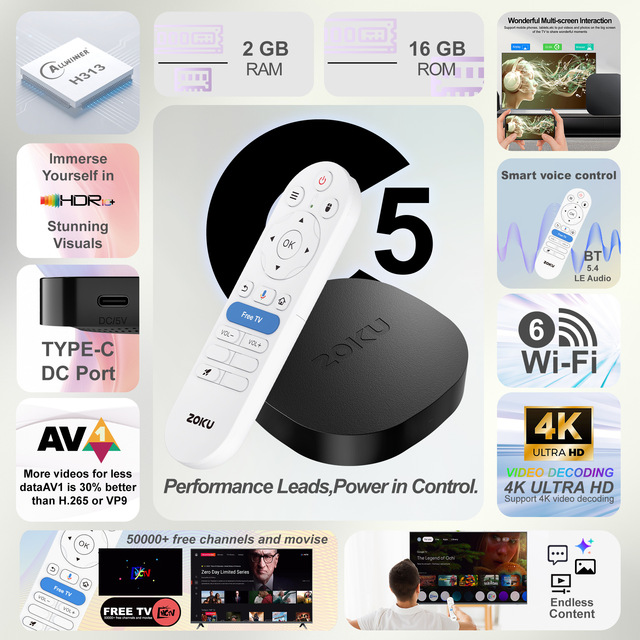 New C5 TV Player Intelligent Voice Assistant 64GB Storage Dual-band WiFi No Buffering Gaming TV Box US 20000+ Built-in Games
