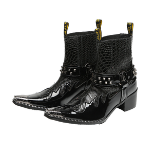 Bottes de cowboy occidentales NA741 pour hommes, en cuir véritable, à enfiler, avec embout en acier, noires, pour soirée, équitation ou moto - Product Image 3