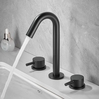 Keran Wastafel Kamar Mandi Modern Kuningan Dua Gagang Model Deck Mount Warna Hitam Matte Tiga Lubang dengan Cerat Tinggi Melengkung