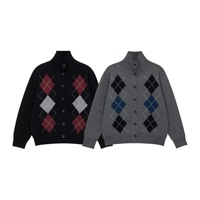 Vintage Herren Argyle Strickjacke mit Hohem Kragen und Knopfleiste, Weicher Acryl-Nylon-Mix, Warme Winter-Strickware