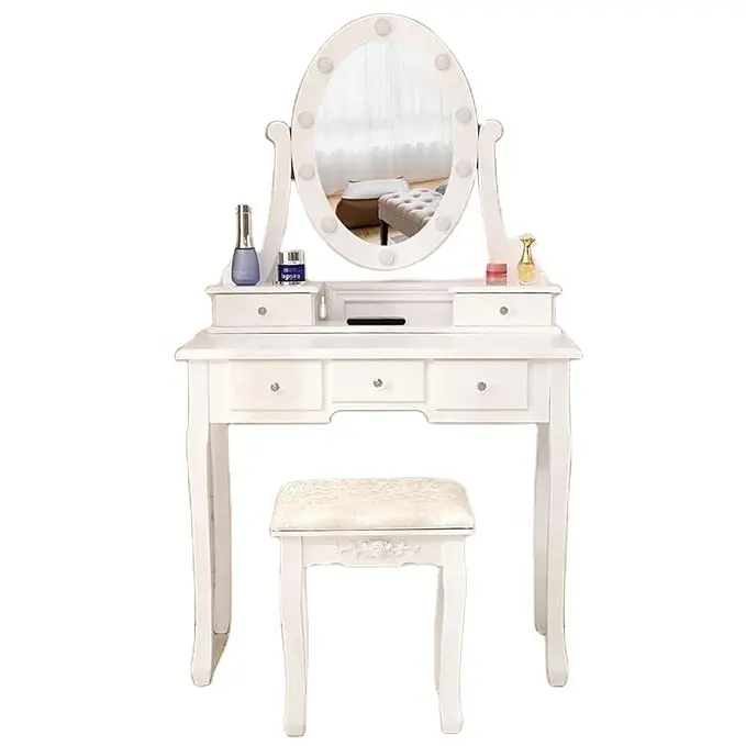 Modern LED Light Dressing Table with Adjustable Mirror and Bulbs Cosmetic Table for Makeup for Farmhouse