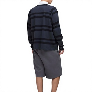 Polo en tricot rayé à manches longues pour homme, décontracté, boutonné, bleu foncé avec col blanc - Product Image 2