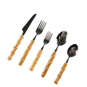 Restaurant Household Stainless Steel Unique Handmade Long Natural Bamboo Root Wooden Handle Dinnerware Tableware Cutlery Set