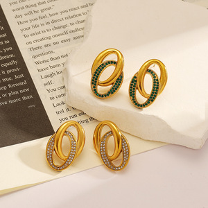 yunnique Geometric Hoop <b>Earrings</b> 18K Gold Plated <b>Green</b> White Diamond Channel Setting Everyday Wear - Product Image 1