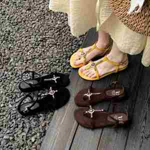 Sandales plates romaines de luxe françaises à strass pour femmes, chaussures d'été pour la plage et les vacances en extérieur - Product Image 2