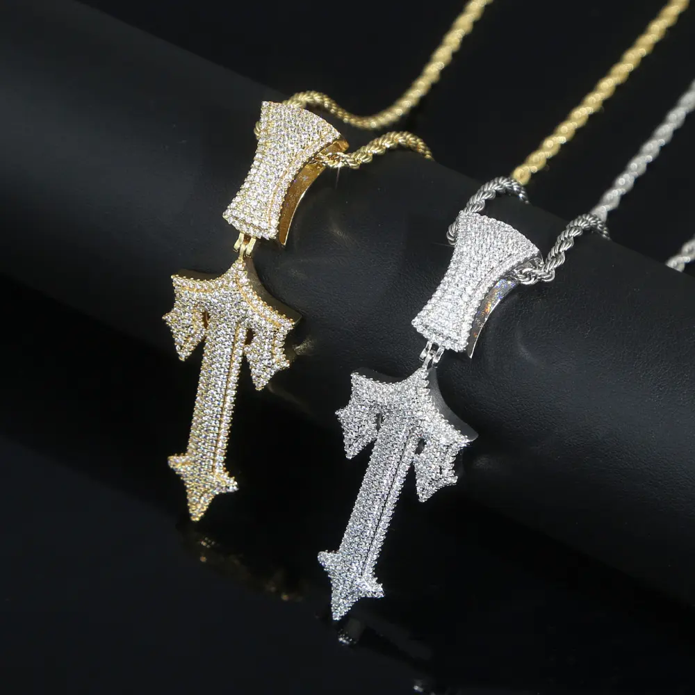 Punk 18k Real Gold Plated Cross Twist Rope Chain Necklace 5A+ Cubic Zirconia CZ Cross Pendant Necklace Men's Jewelry For Rapper