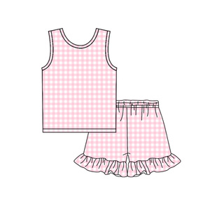 Preorder MOQ 5 Solid Color Plaid Girls Summer Outfits Wholesale <b>Toddlers</b> Clothing Trendyism Boutique Spandex/Organic Milk Silk - Product Image 3