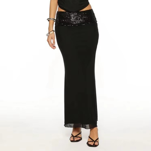 <span class=keywords><strong>Falda</strong></span> larga maxi <span class=keywords><strong>de</strong></span> malla negra para mujer con cintura <span class=keywords><strong>de</strong></span> lentejuelas y corte ajustado <span class=keywords><strong>de</strong></span> cintura alta - Product Image 1