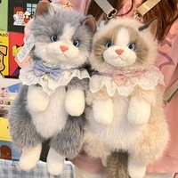 Sac à dos en peluche chat réaliste, sac en forme d'animal en peluche doux, gris et blanc, avec col en dentelle et nœud, cadeau unisexe, design chaton de dessin animé, 31-50cm