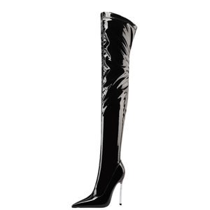 Bottes hautes pour femmes, grande taille 47, argentées, à talons fins, au-dessus du genou, en cuir verni, sexy, coupe large, style stiletto, bottines longues - Product Image 4
