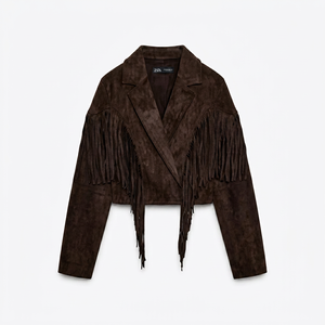 Men's Leather <b>Jacket</b> With <b>Fringe</b> Details Turn-down Collar Double Breasted Short Casual Autumn Style - Product Image 1
