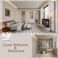 Projet de villa française moderne et luxueuse, avec comptoir en marbre intégré et meuble de chevet intégré, solution de décoration clé en main