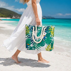 Sac fourre-tout en toile à imprimé tropical pour femme, grand sac à bandoulière personnalisé, réutilisable pour le shopping, les courses, le quotidien, la station balnéaire et les voyages, avec fermeture éclair - Product Image 2