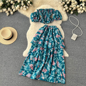 2024 nouveau été plage vacances femmes Sexy <span class=keywords><strong>jupe</strong></span> florale costumes Sexy hors épaule bustier tubulaire et gâteau <span class=keywords><strong>longue</strong></span> <span class=keywords><strong>jupe</strong></span> deux pièces ensemble - Product Image 4
