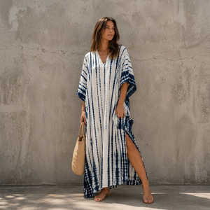 Vestido Maxi Kaftán Azul Marino con Estampado Tie Dye para Mujer, Cuello en V, Holgado, para Playa o Resort, Proveedor de Fábrica, Venta al Por Mayor - Product Image 1