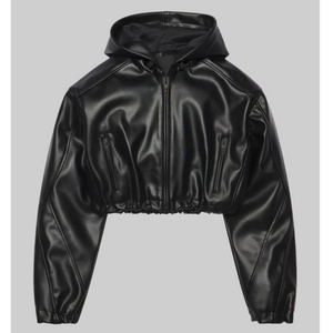 Fashion PU <b>Leather</b> Winter Breathable Motorcycle Crop Short Bomber Zipper Hoodie Women's <b>Long</b> Sleeve <b>Jacket</b> - Product Image 4