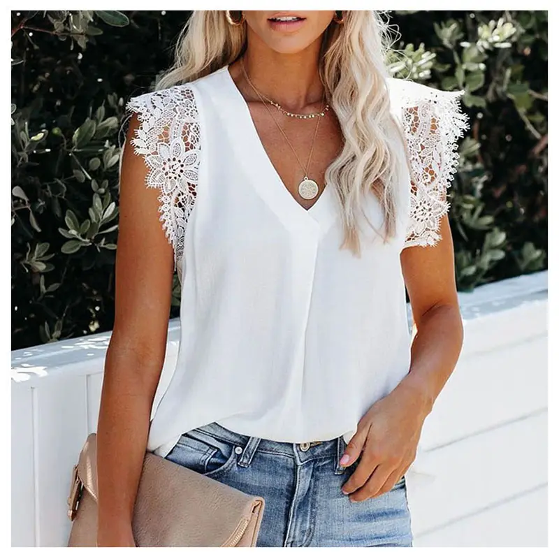 2023 White Sleeveless Crochet Lace Tops Fashionable Lady's Shirt Fashion Blouse Shirts for Women