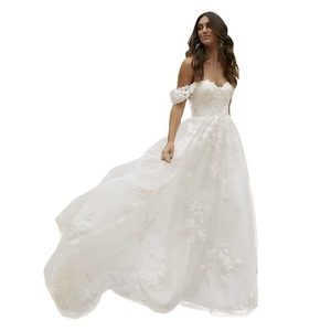 Off The Shoulder Strapless Ivory White Wedding Dress A Line Chiffon With Embroidery Floral Print Natural Waistline - Product Image 5